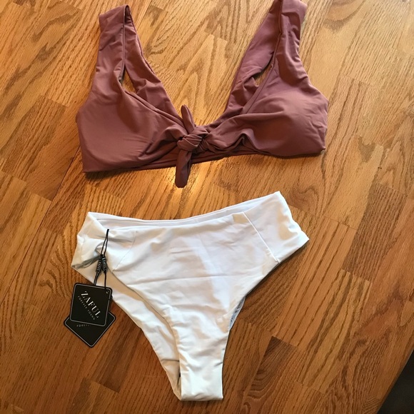 NWT Zaful Mauve/White Padded Knot Bikini Set (S) - Picture 2 of 13